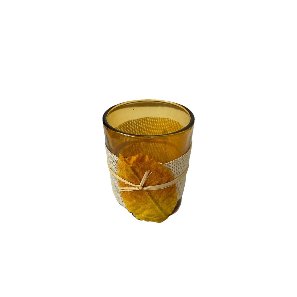 Amber Glass Tea light Holder Metal Oak Leaf Fall
